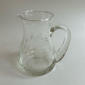 Vintage etched glass pitcher with floral design, small